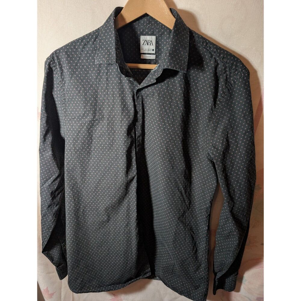 ZARA Men’s Slim Fit Button Up Shirt Micro Floral Pattern Black Size Large